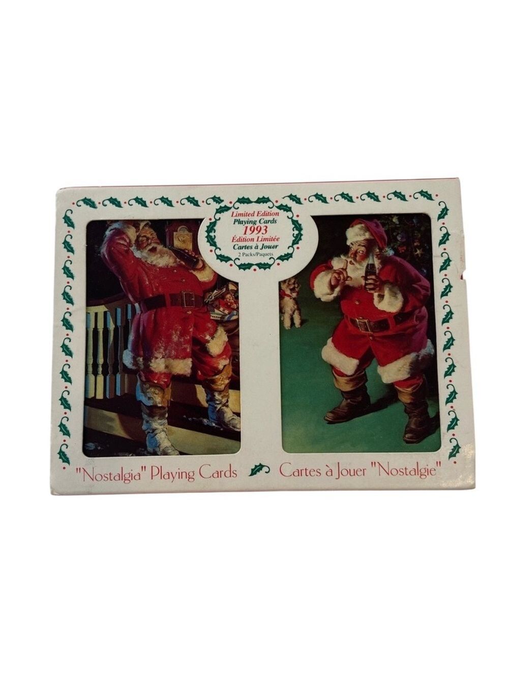 New Vintage 1993 Coca-Cola Santa Nostalgia playing cards in original metal box